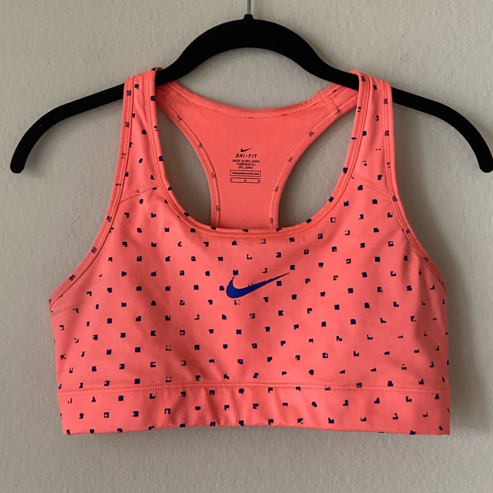 Nike Pro Dri-Fit Sports Bra, Orange with Navy Dots, Size M